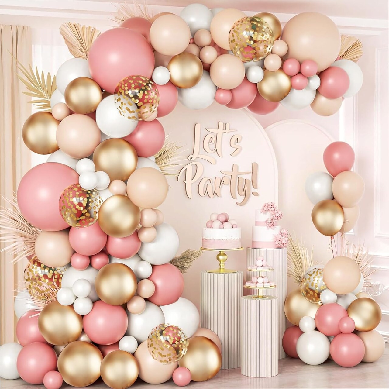Dusty Pink Blush Balloon Arch Kit, Retro Pink Nude Matte White Metallic Gold Balloons and Gold Confetti Balloons for Boho Engagement Wedding Bridal Shower Birthday Baby Shower Decorations